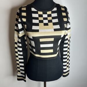 Valiant Paris Geometric Knit Crop Top Black Beige White Long Sleeve Sz Small